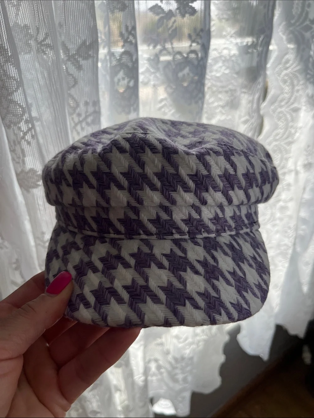 Purple & White Houndstooth Baker Boy Cap